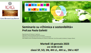 10 gennaio 2023 in aula Zangrandi: seminario sulla chimica e sostenibilità, tenuto dalla professoressa Paola Galletti (Università degli studi di Bologna)